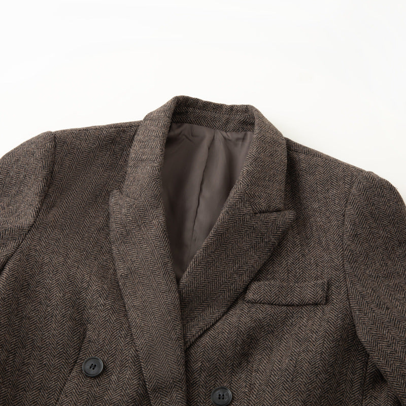 Women Double-Breasted Wool Blend Blazer in Herringbone Pattern with Flap Pockets Chichicherry