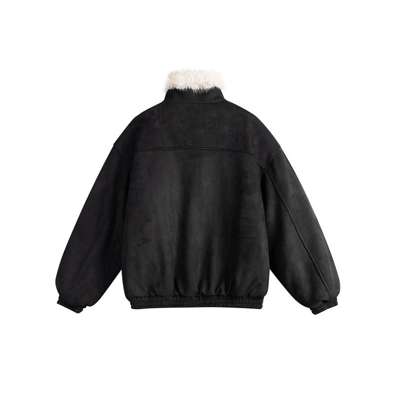 Women's short-cut bomber jacket in lambskin look with high stand-up collar and faux fur trim Chichicherry