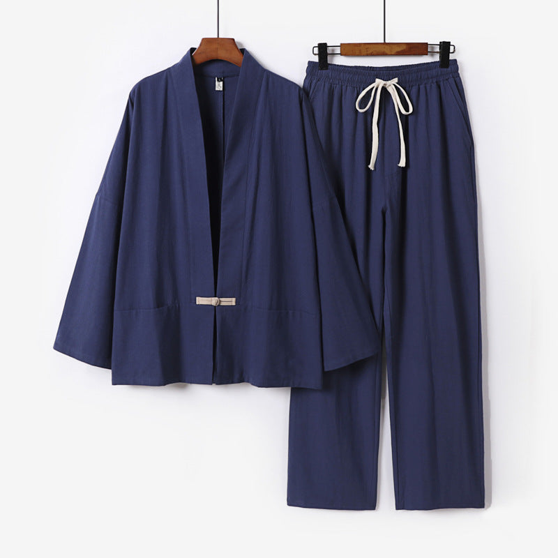Men's Zen-inspired kimono loungewear set made of lightweight cotton blend with open cut and drawstring pants Chichicherry