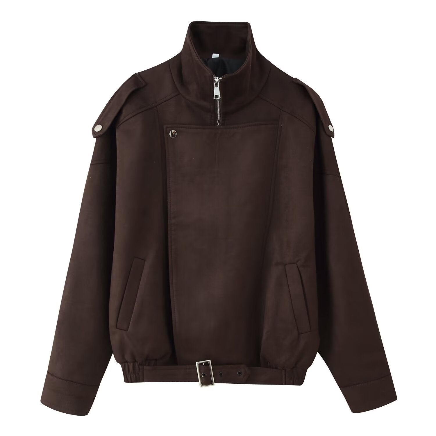 Women's short jacket in biker blouson style with belt and asymmetrical flap Chichicherry