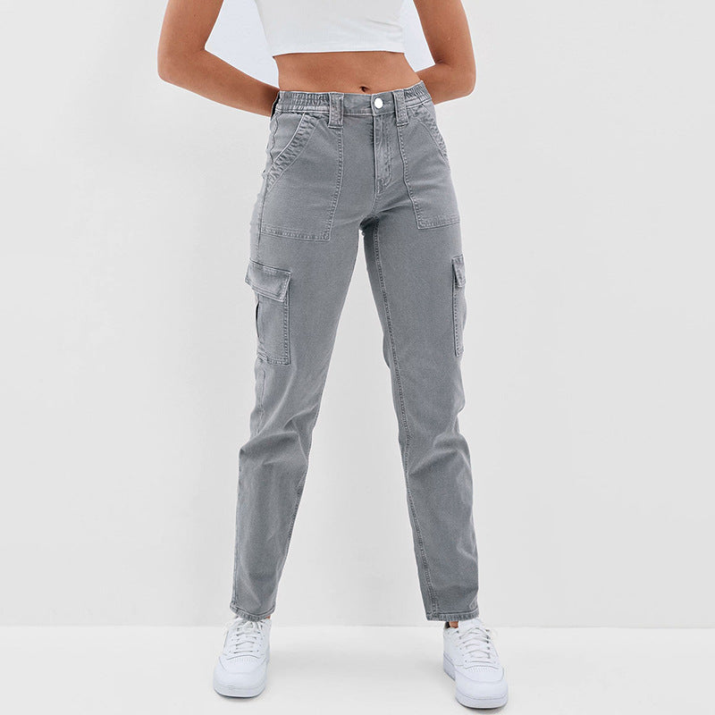 Women's High-Waisted Denim Cargo Pants with Straight Leg and Multiple Pockets Chichicherry