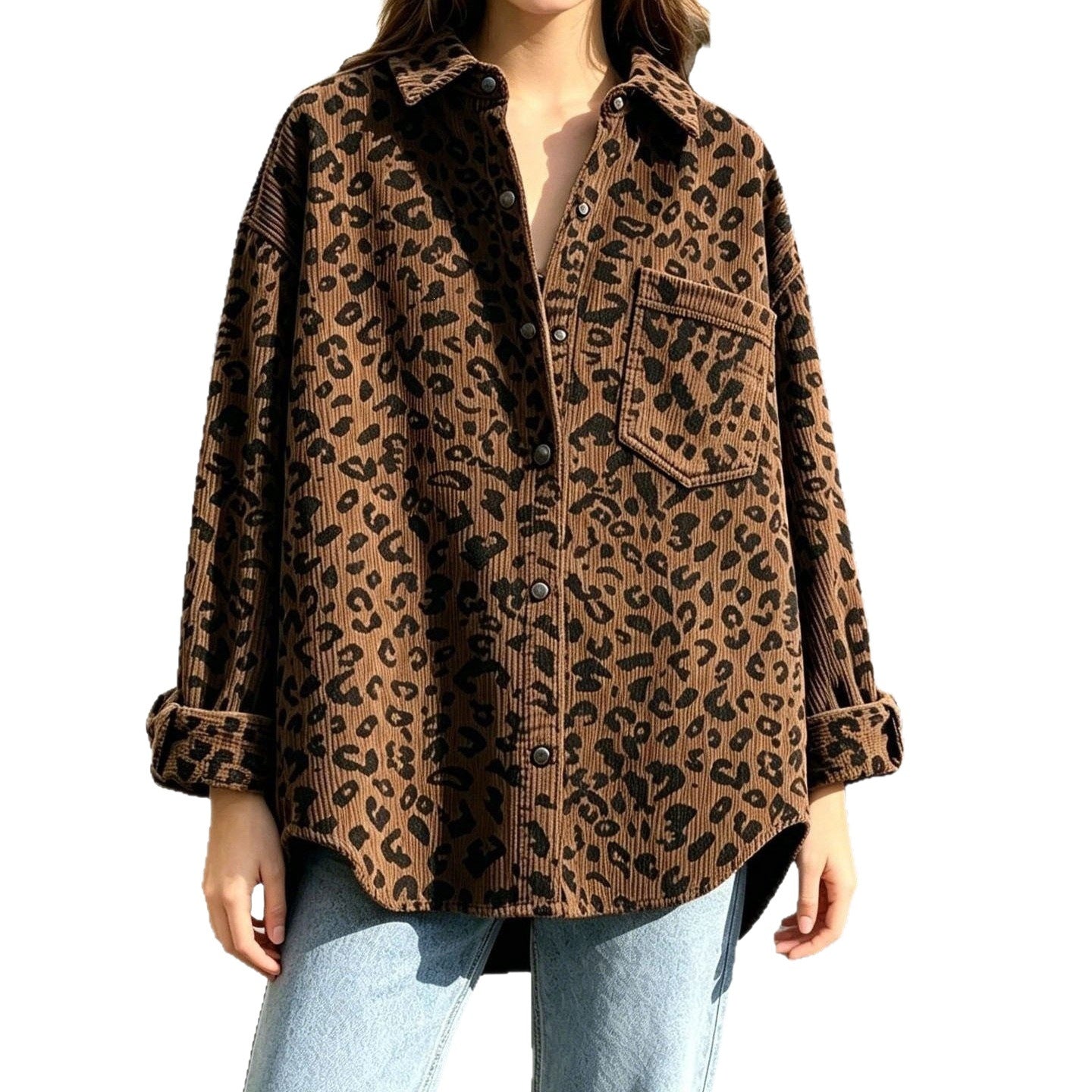 Women's Oversize Cord Shirt Jacket with Leopard Print and Snap Buttons Chichicherry