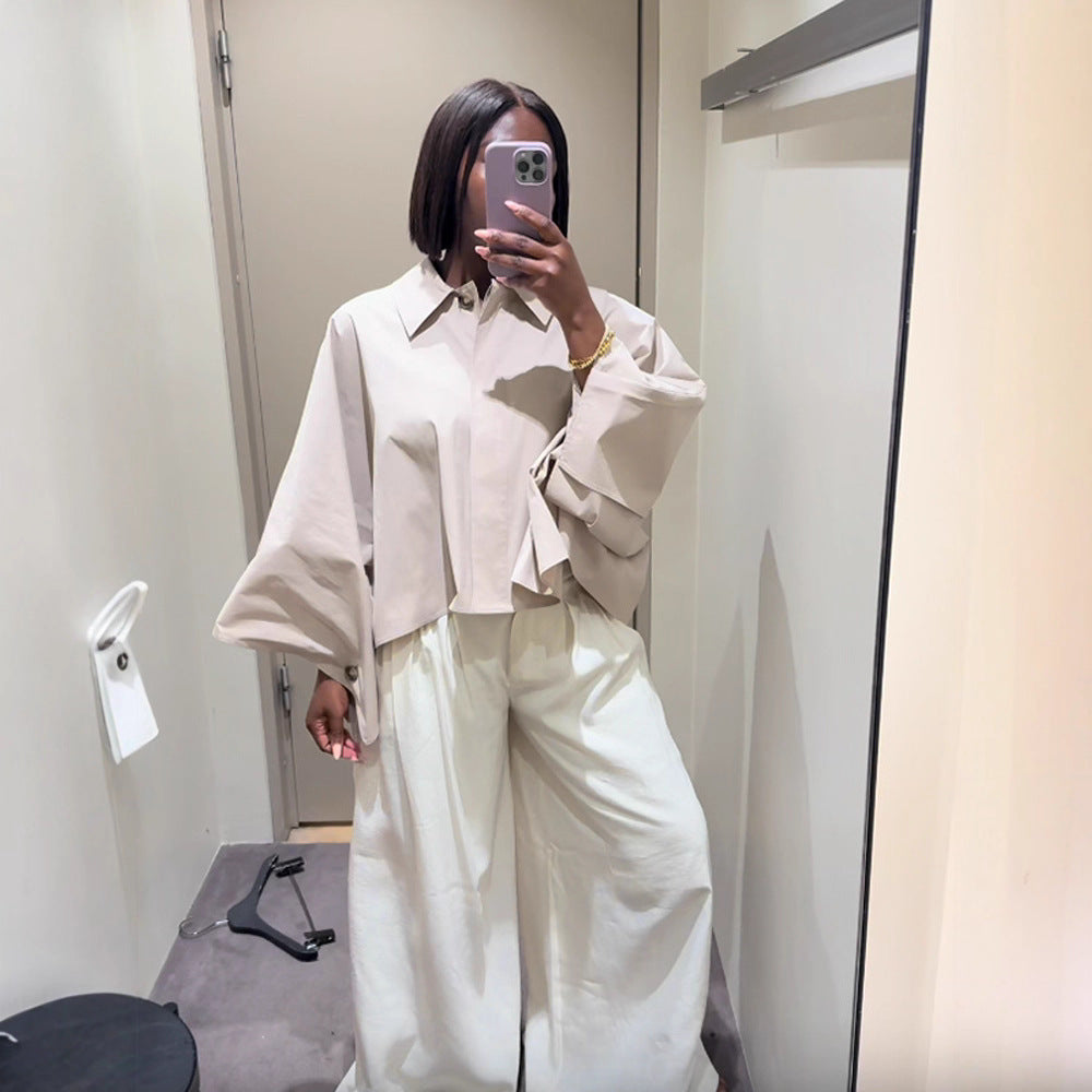 Women's Boxy Cropped Shirt Blouse with Wide Batwing Sleeve and Fine Tuck Chichicherry
