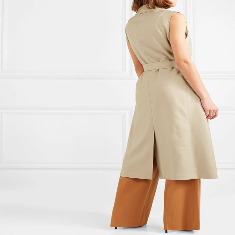 Women's sleeveless wrap trench coat made of cotton blend with double-breasted button placket and waist belt Chichicherry