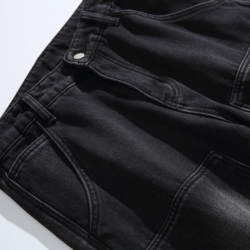 Men's Wide Vintage Denim Cargo Pants with Distinctive Seam Details and Patch Pockets Chichicherry