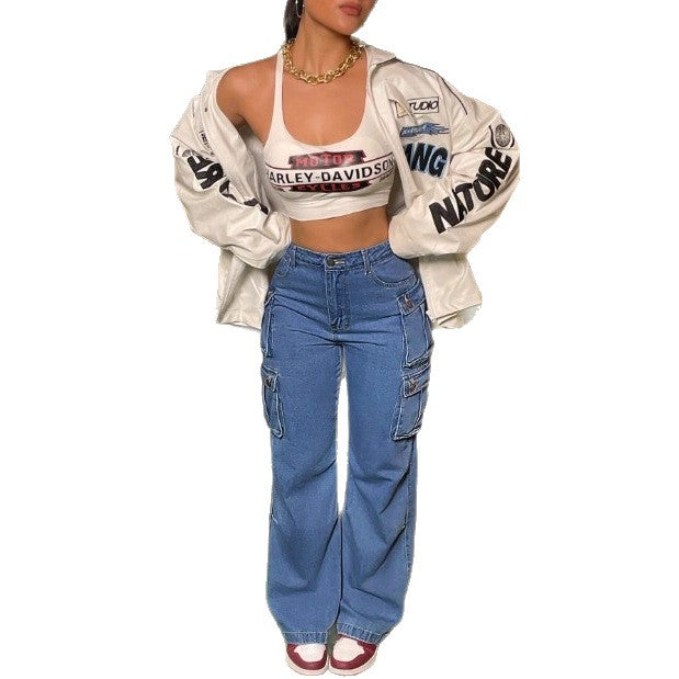 Women's Cargo Denim Pants with Wide Leg, High Waist & Multifunctional Flap Pockets Chichicherry