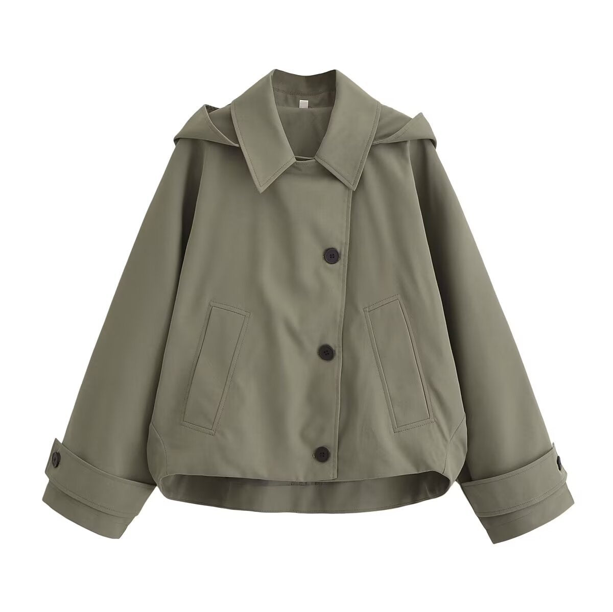 Ladies short trench coat in boxy cut with notch collar and piped patch pockets Chichicherry
