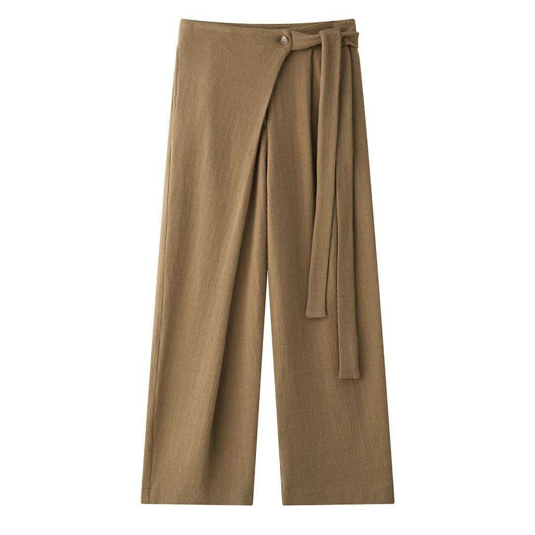 Women's High-Waisted Palazzo Pants made of structured wool blend with pleat and tunnel belt Chichicherry