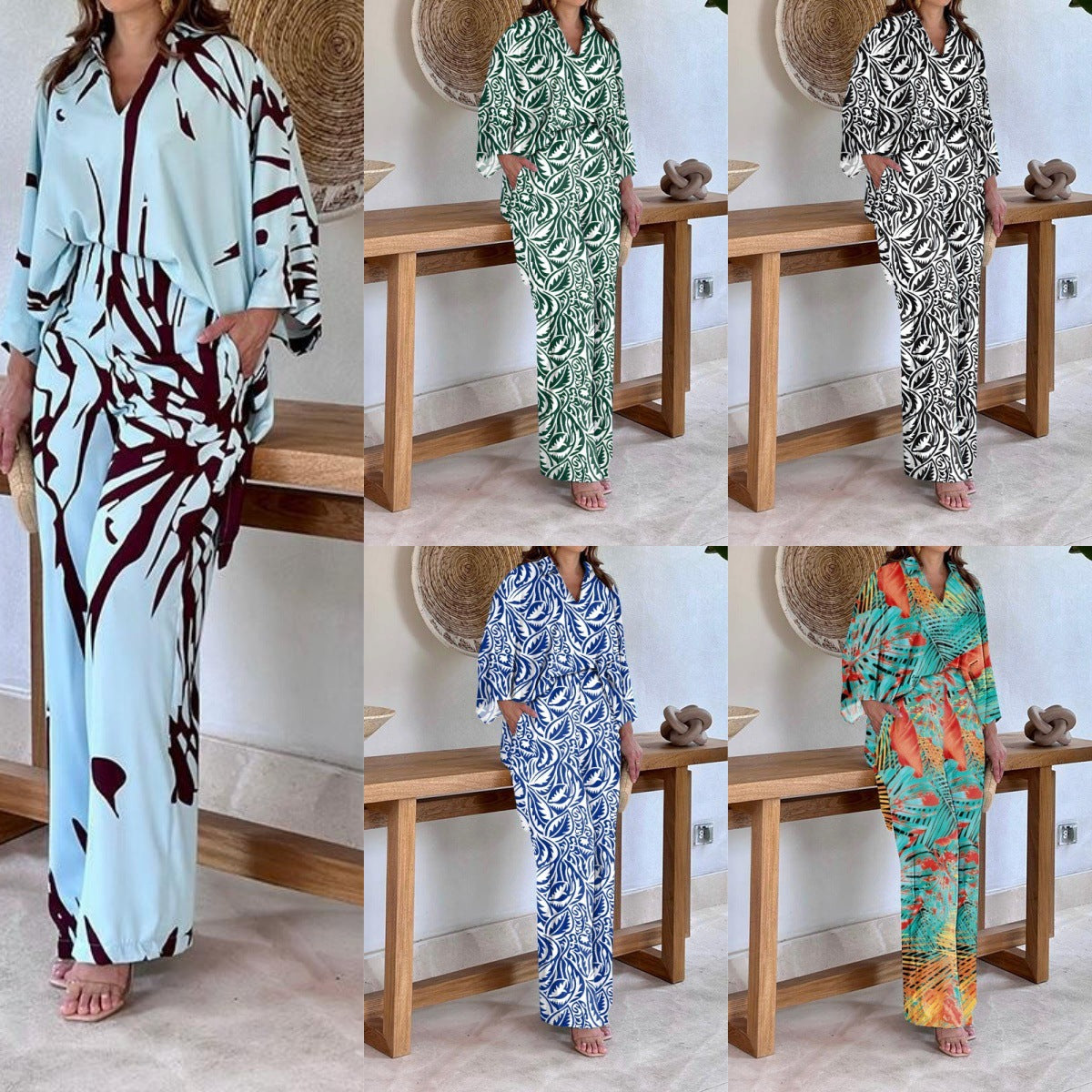 Women's Patterned Kimono Lounge Set with Wide Palazzo Pants made of Lightweight Viscose Mix Chichicherry