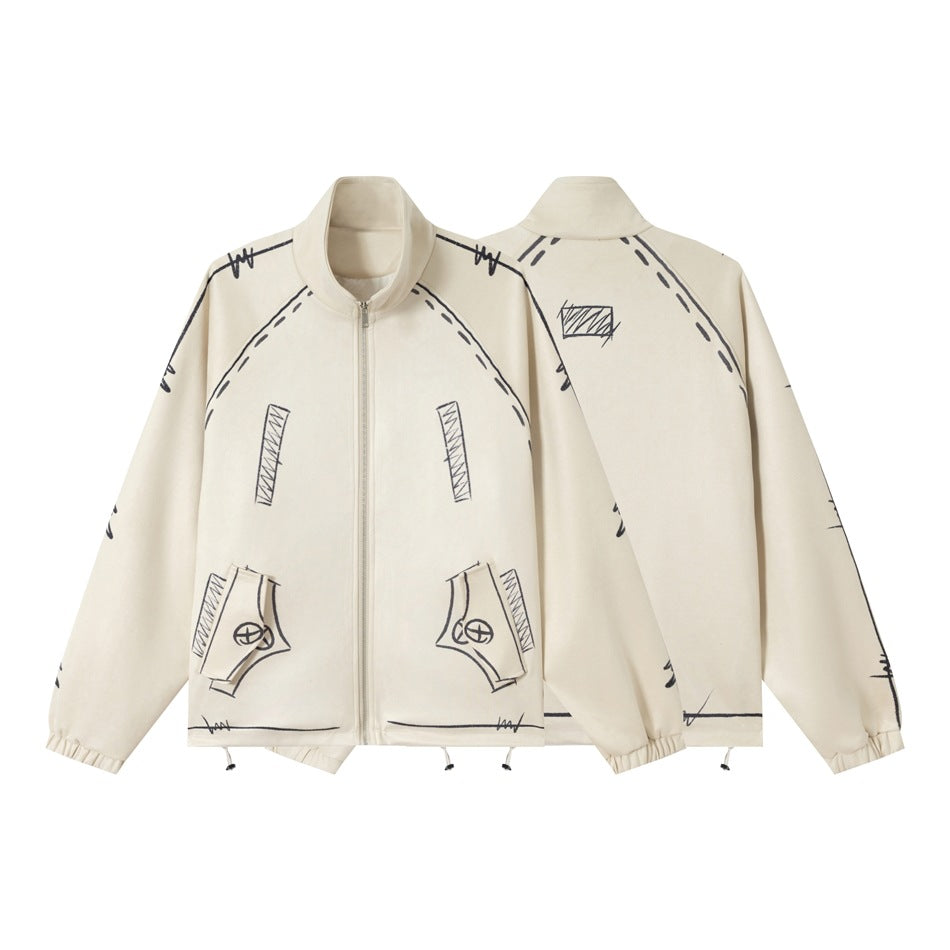 Unisex Oversize Fleece Jacket with Stand-Up Collar and Graphic Sketch Print Chichicherry
