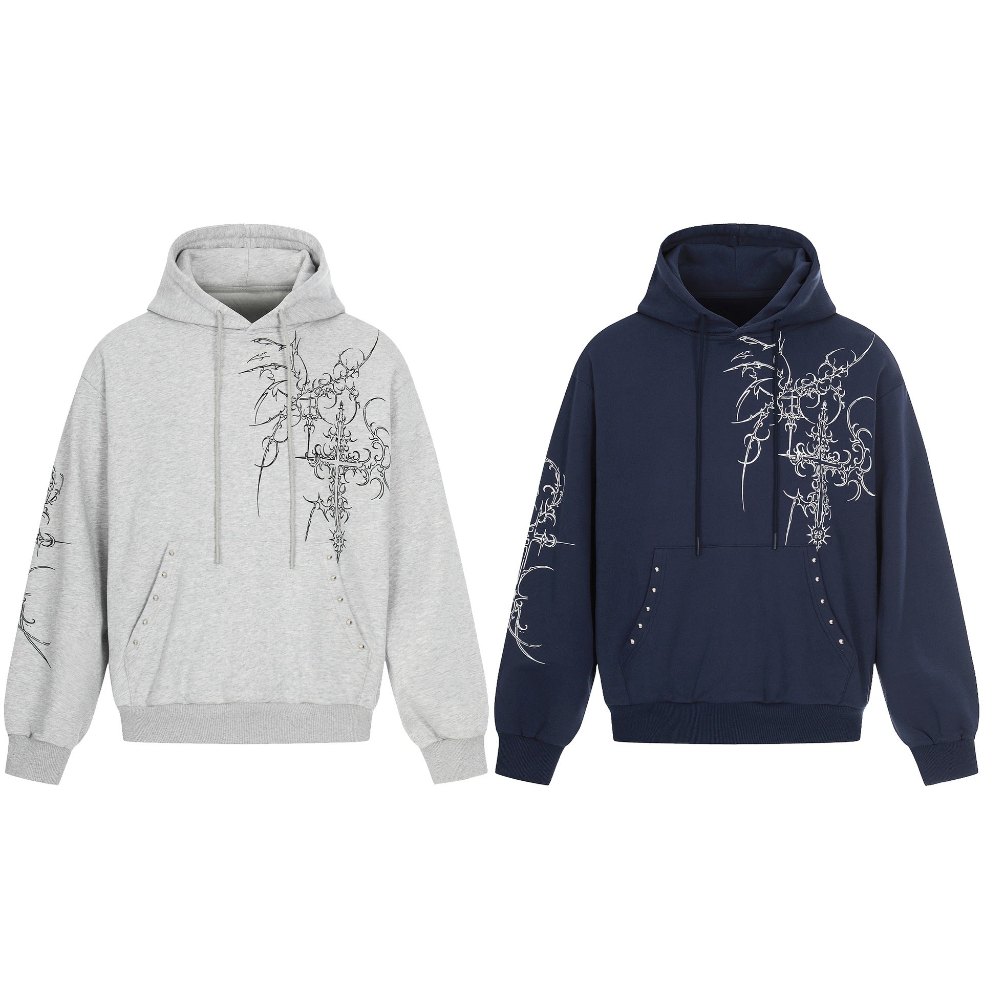 Men's Oversized Hoodie with Ornamental Cross Print and Studs Chichicherry