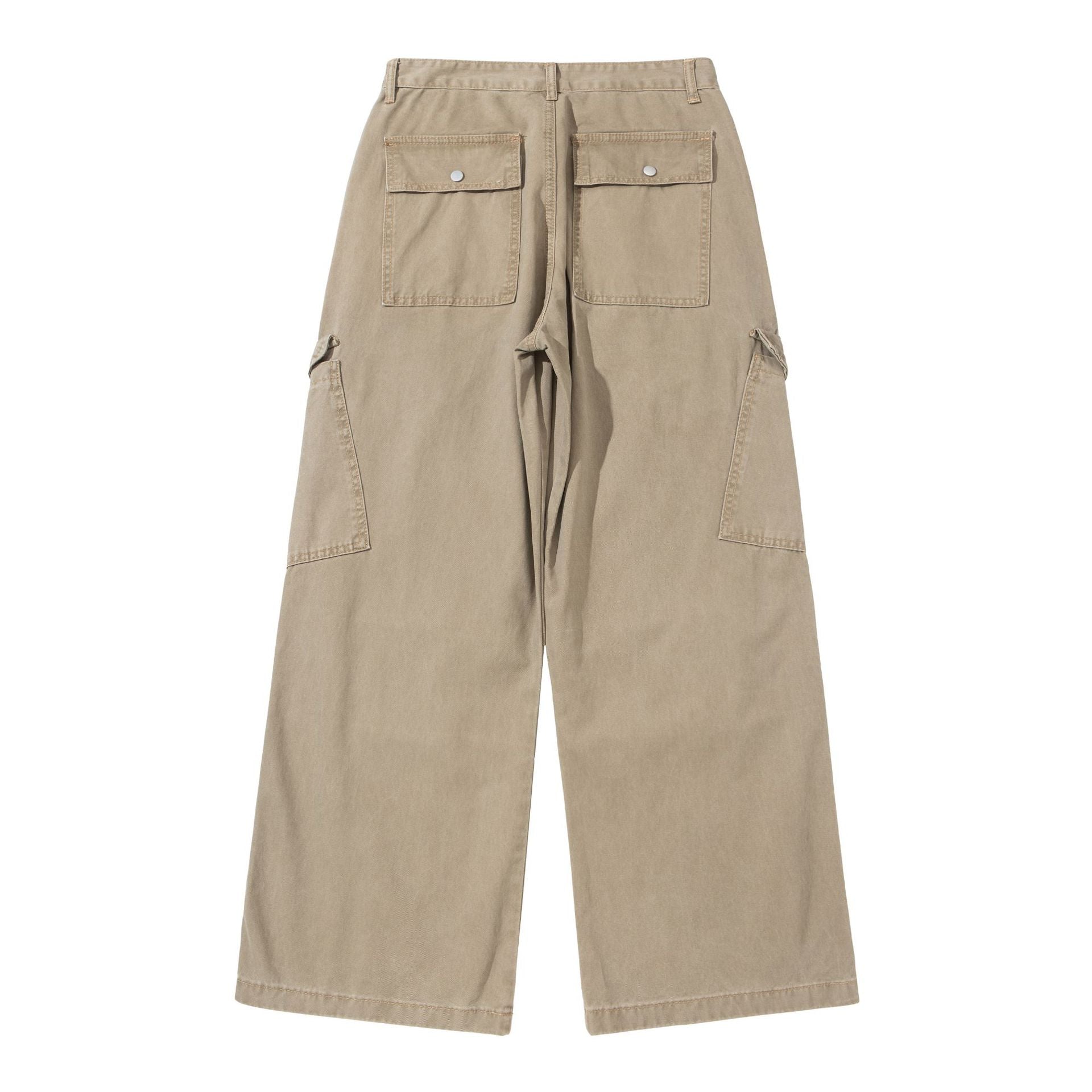 Women's wide cargo pants made of cotton twill with a high waist and patch flap pockets.