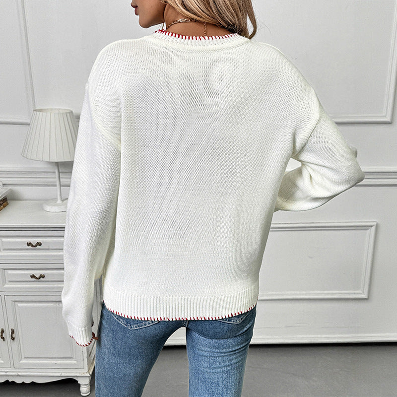 Women's Casual Boxy Knit Sweater with Strawberry Intarsia, Ribbed Hem and Round Neckline Chichicherry
