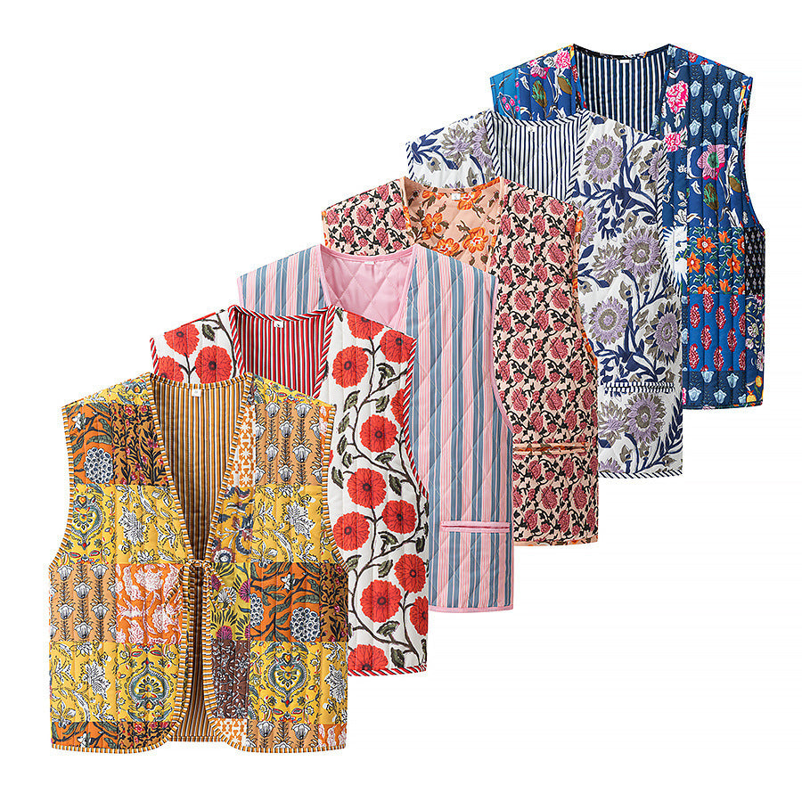 Women's Quilted Vest with Ties, diamond quilting and striped design Chichicherry