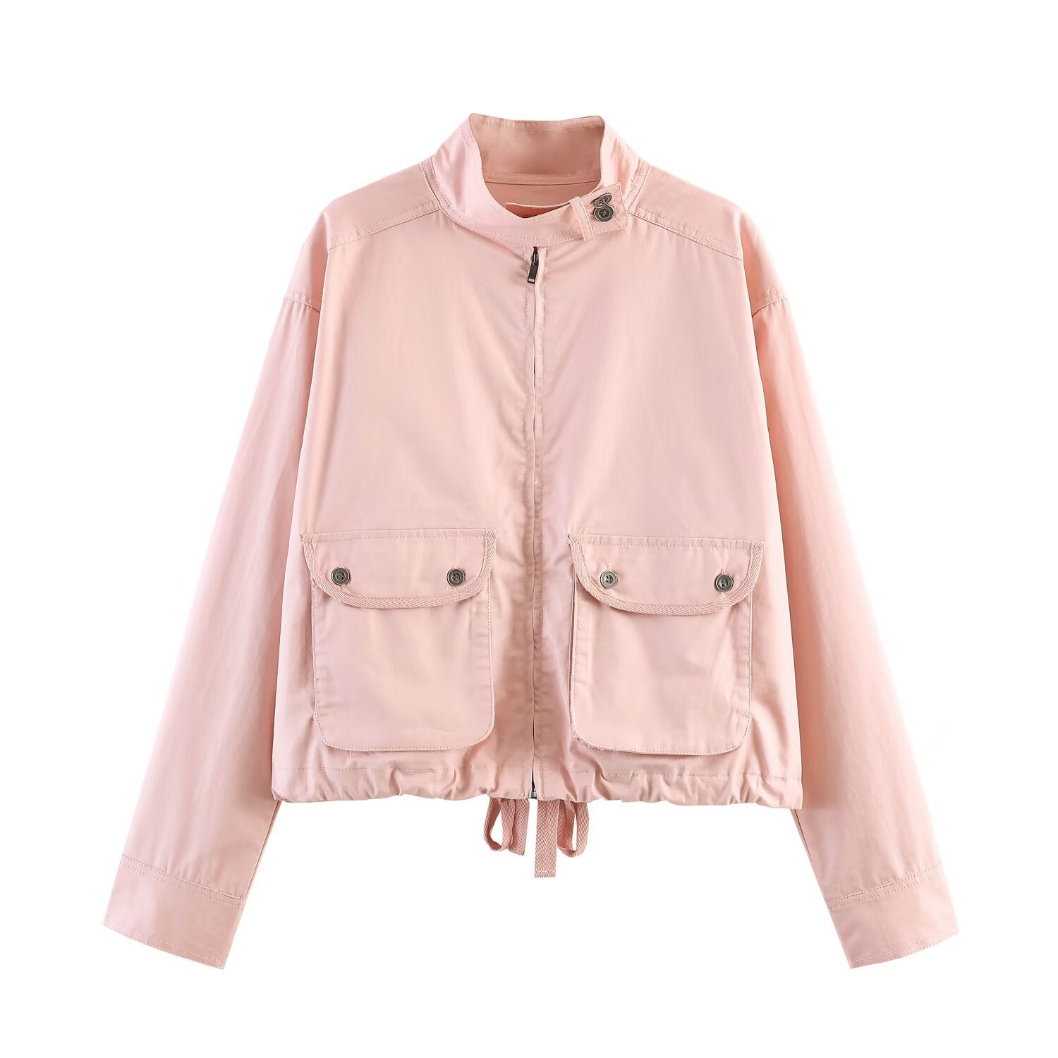 Women Lightweight Cropped Field Jacket with Stand-up Collar, Drawstring and Flap Pockets Chichicherry