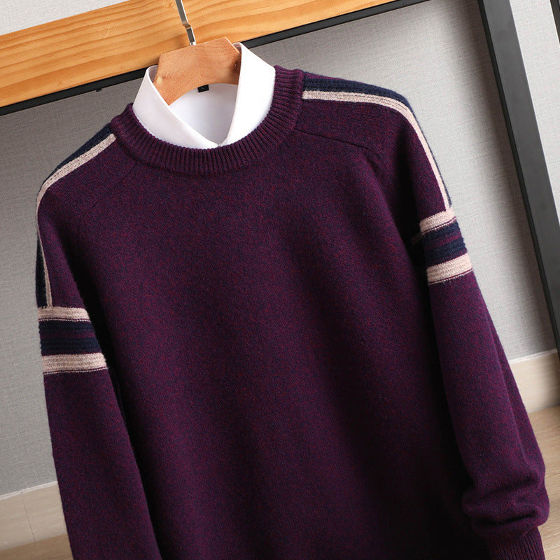 Men's Cashmere-Look Round Neck Sweater with Contrast Stripes on Shoulders and Relaxed Fit Chichicherry