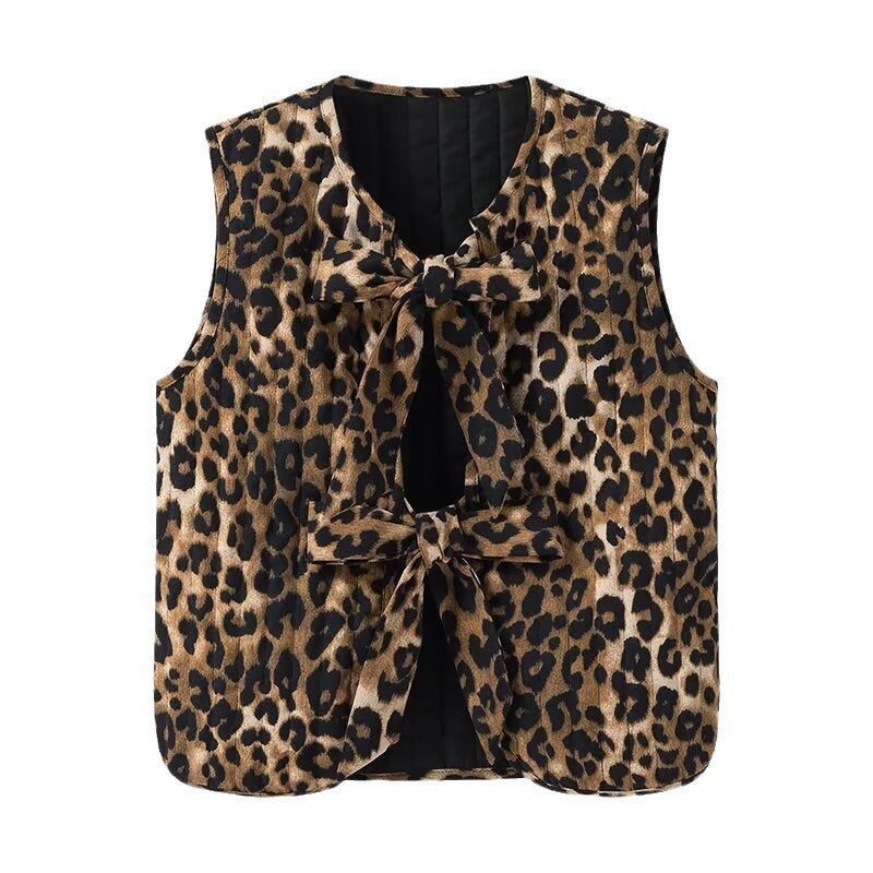 Women Sleeveless Leopard Print Vest with Ties and Textured Surface Chichicherry