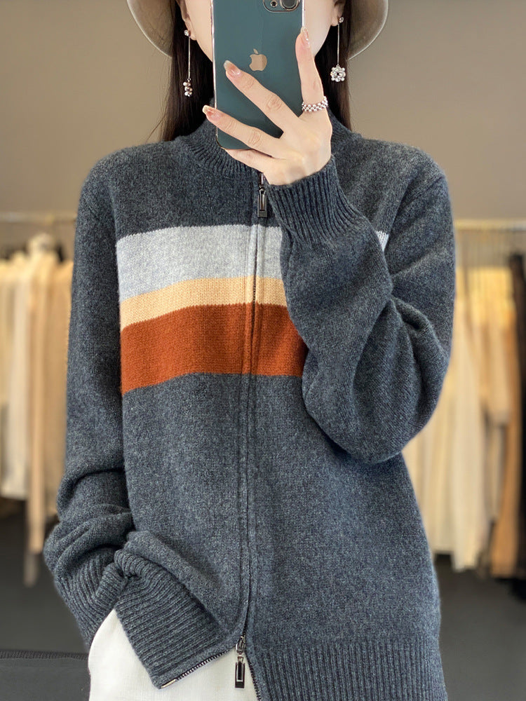 Women's Zip-Up Knit Cardigan made of soft wool blend with block stripes and ribbed hem Chichicherry