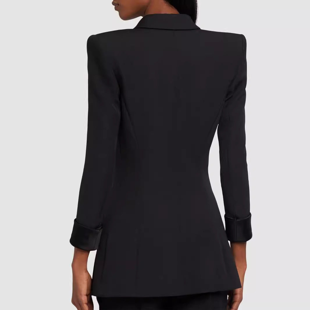 Women's Tailored Tuxedo Blazer with Satin Shawl Collar and Decorative Medallion Buttons Chichicherry
