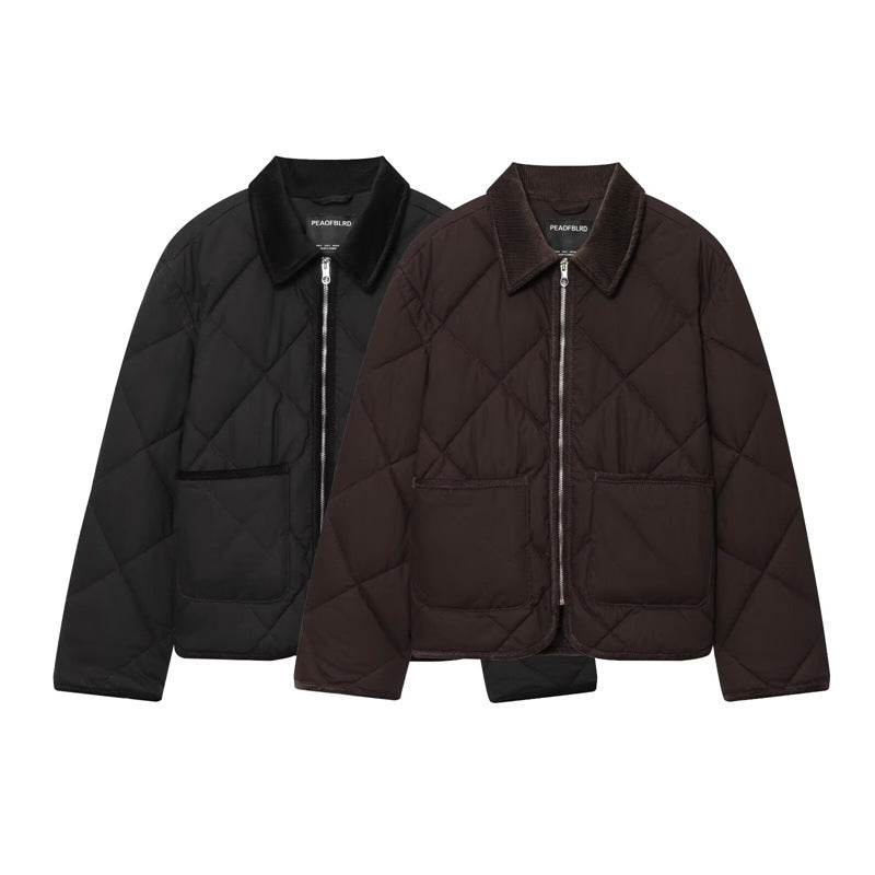 Women's short jacket quilted bomber with cord collar, front zipper and patch pockets Chichicherry