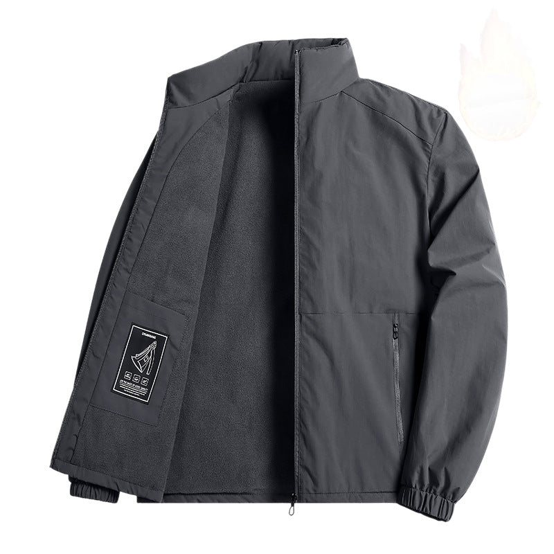 Men's Thermally Insulated Windbreaker Jacket with Fleece Lining, Stand Collar and Zipper Pockets Chichicherry