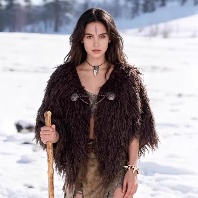 Ladies Viking-inspired Faux-Fur Cape with rustic fringe look and shoulder drape Chichicherry