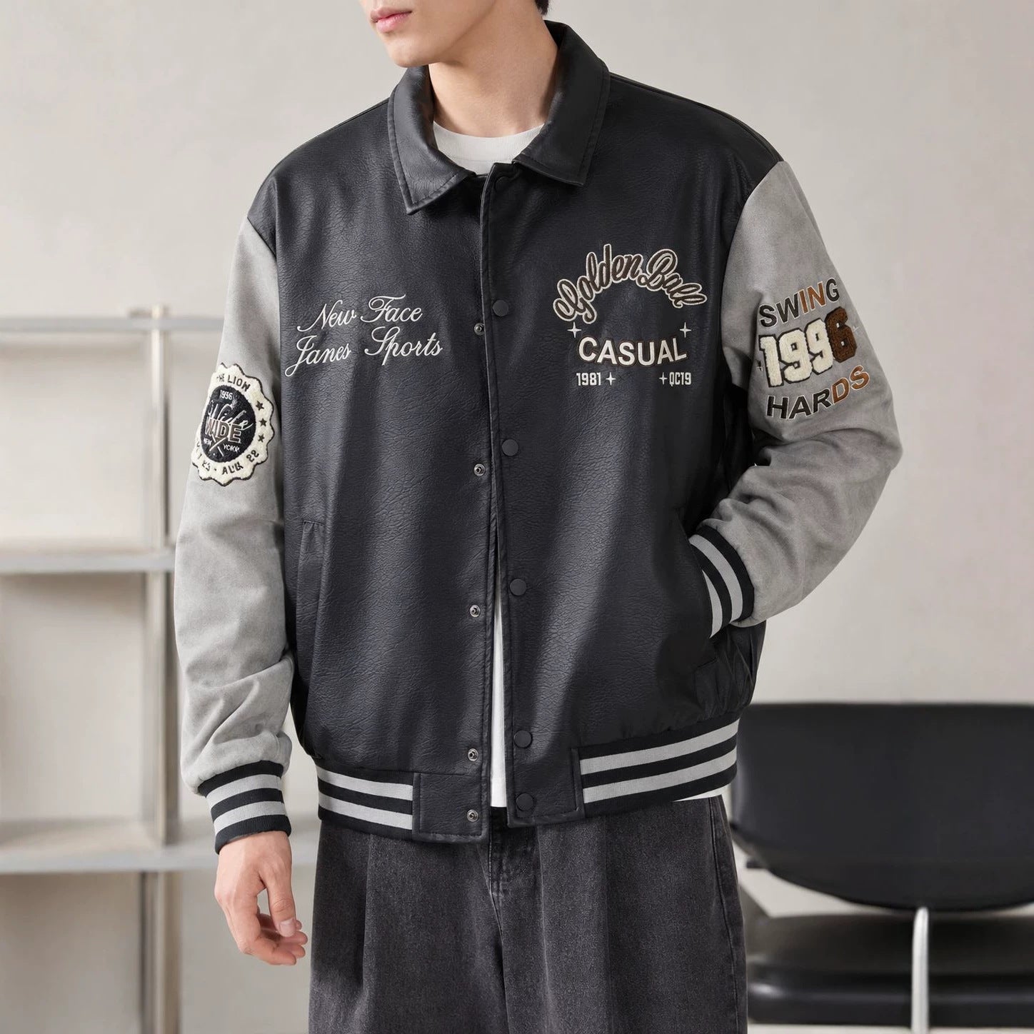 Men's Varsity Faux Leather College Jacket with Contrast Sleeves, Embroidered Patches and Ribbed Hem Chichicherry