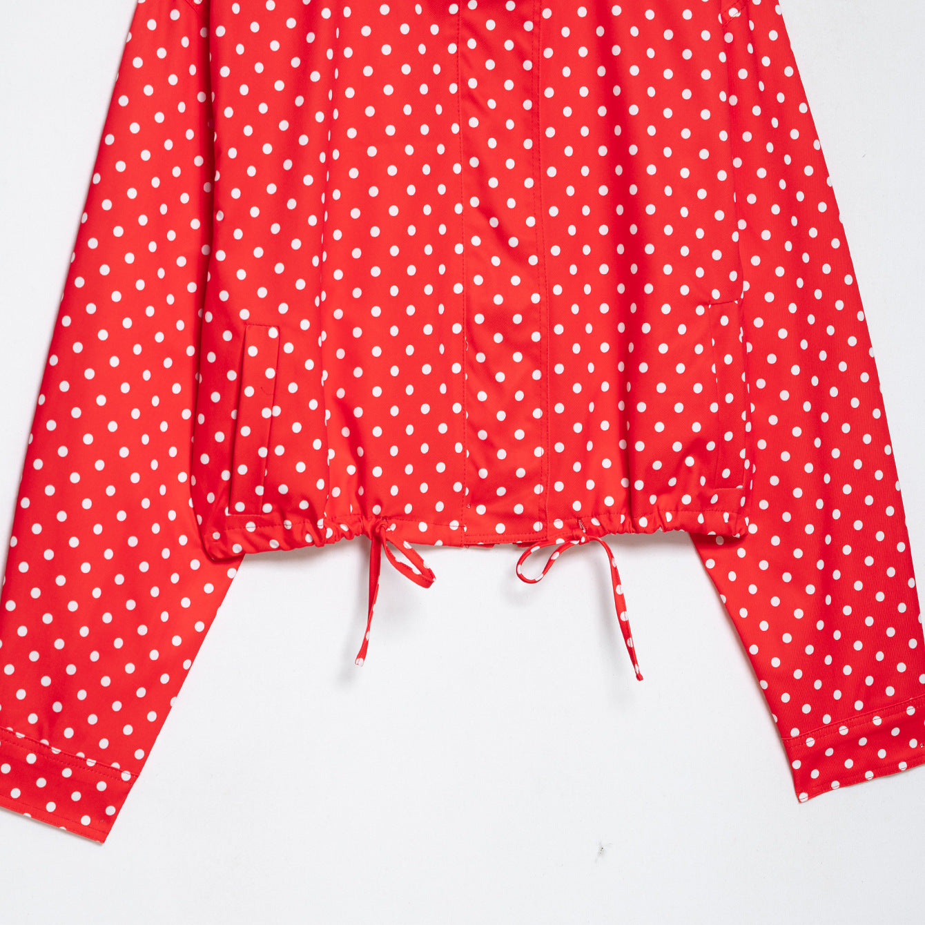 Women's Polka Dot Cropped Rain Jacket with Stand Collar and Drawstring Hood