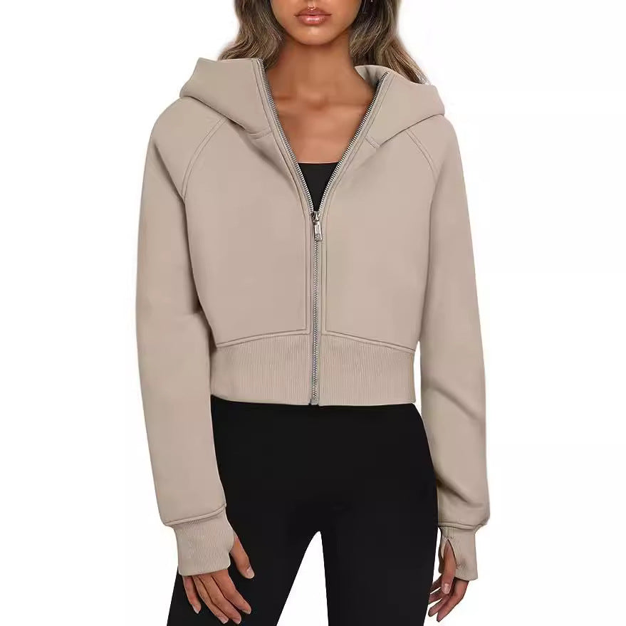 Damen Kurz geschnittener Performance-Kapuzenpullover mit durchgehendem Reißverschluss und Daumenlochbündchen Chichicherry