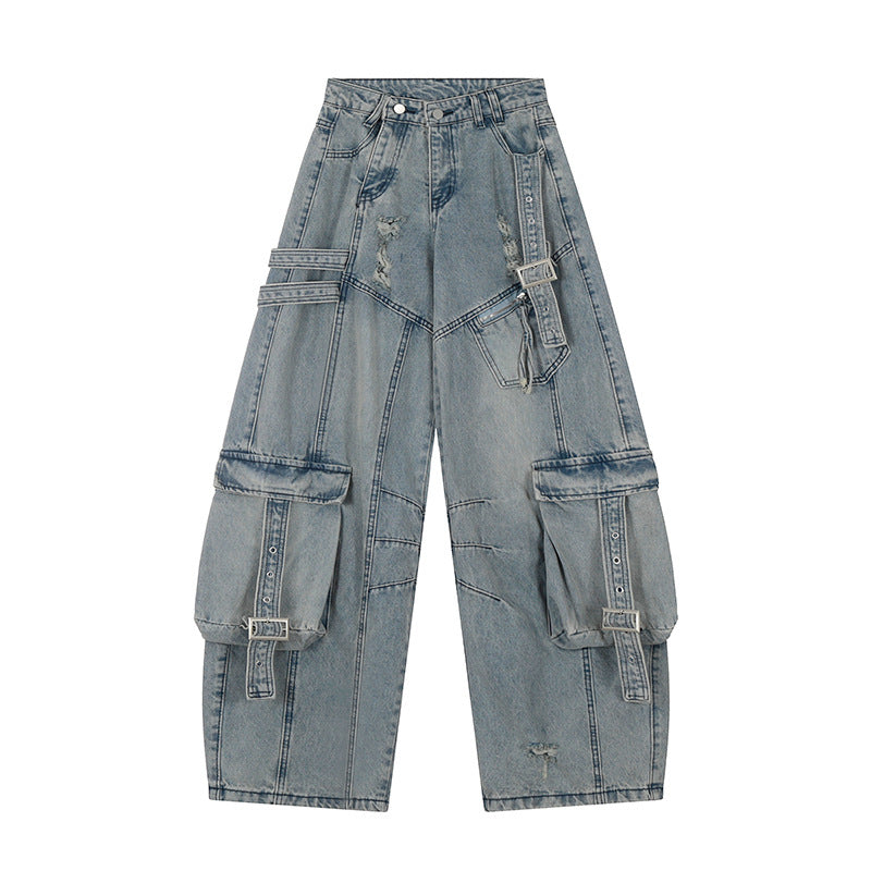 Women's wide jeans cargo culotte with tactical pockets, belt applications and used details Chichicherry