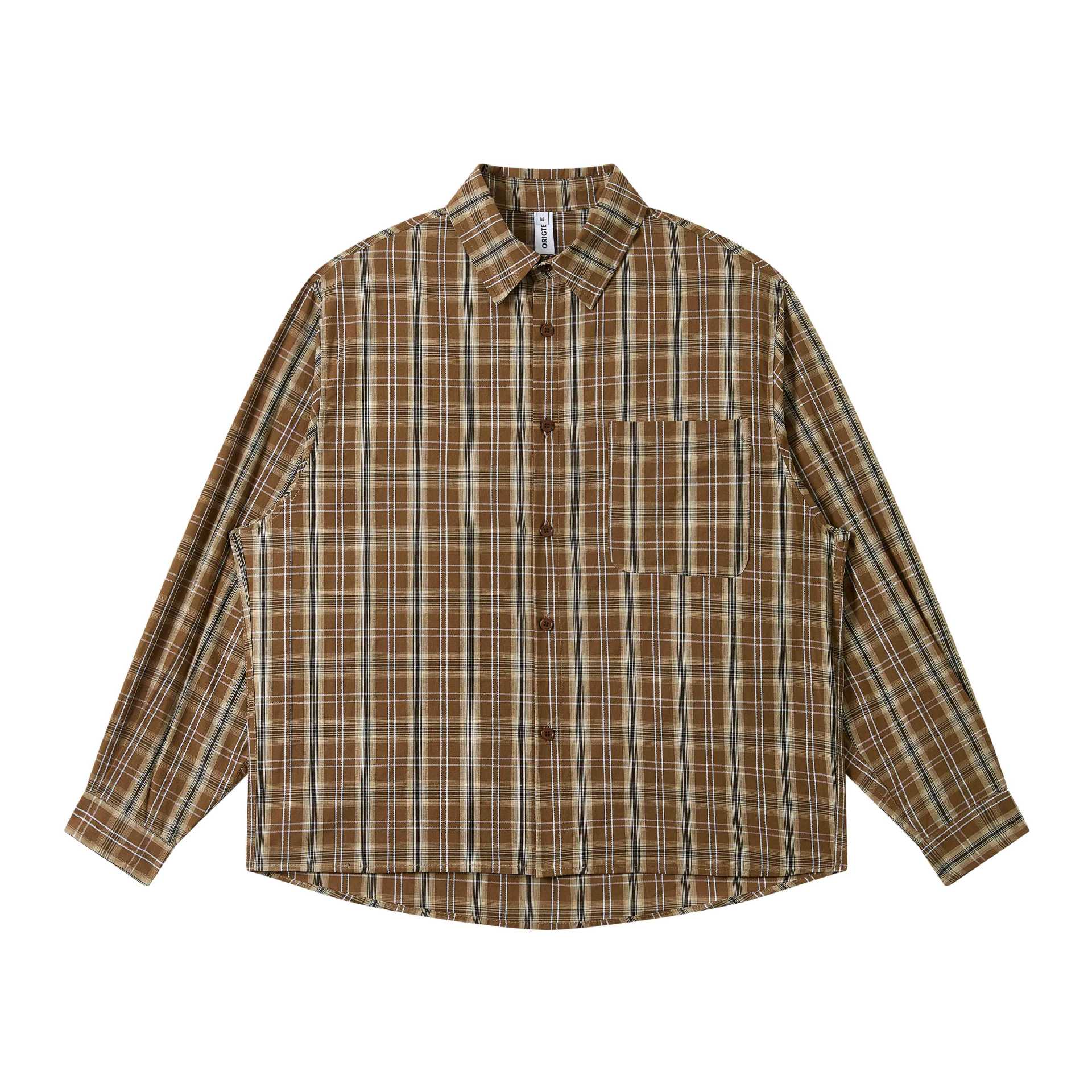Men's Loose Check Work Shirt made of Cotton Blend with Patch Chest Pocket Chichicherry