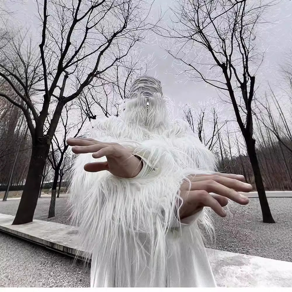 Men's Statement Faux Fur Jacket with Long Shaggy Sleeves and Asymmetrical Zipper Chichicherry