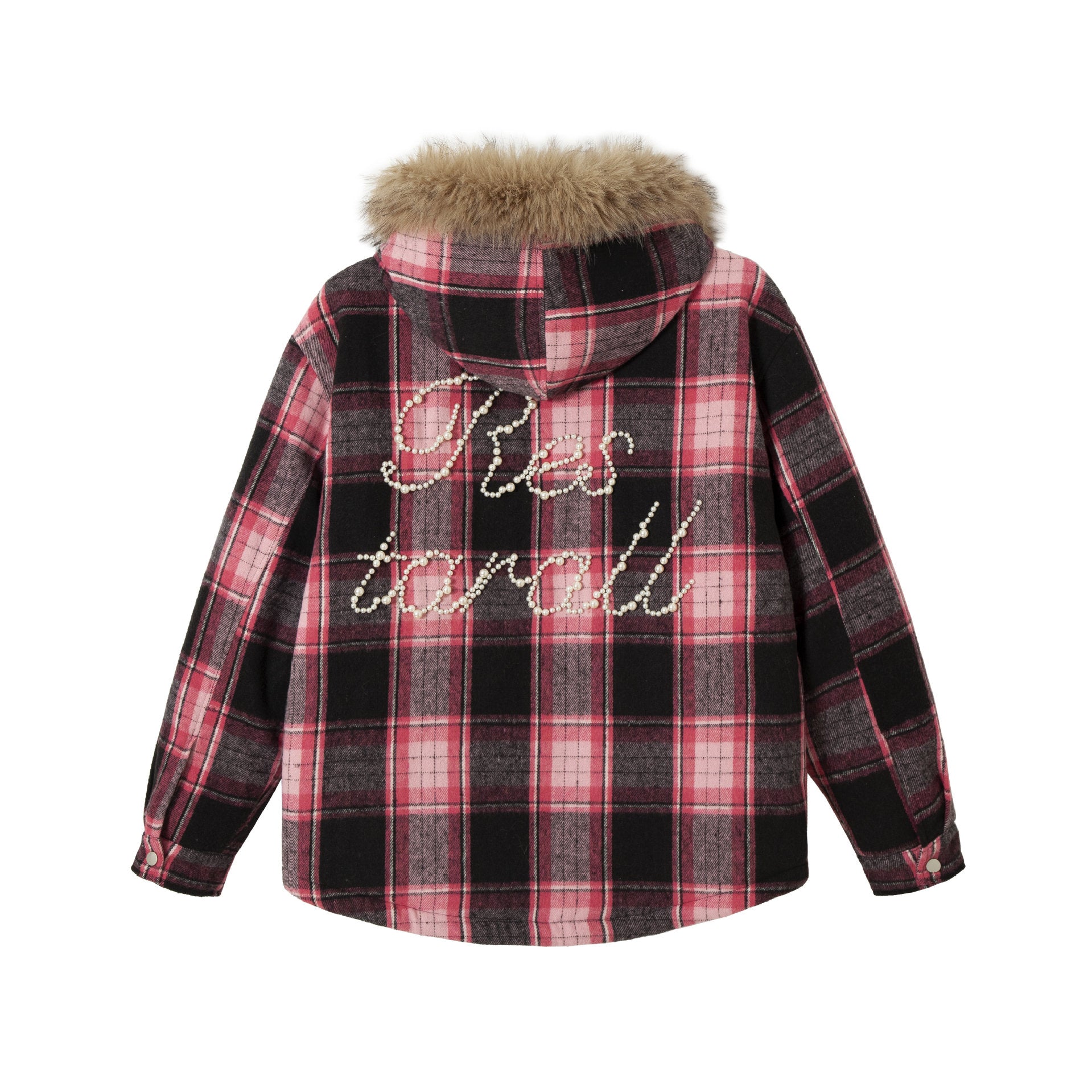 Women's checked wool blend blouson with detachable faux fur collar and pearl appliqué Chichicherry