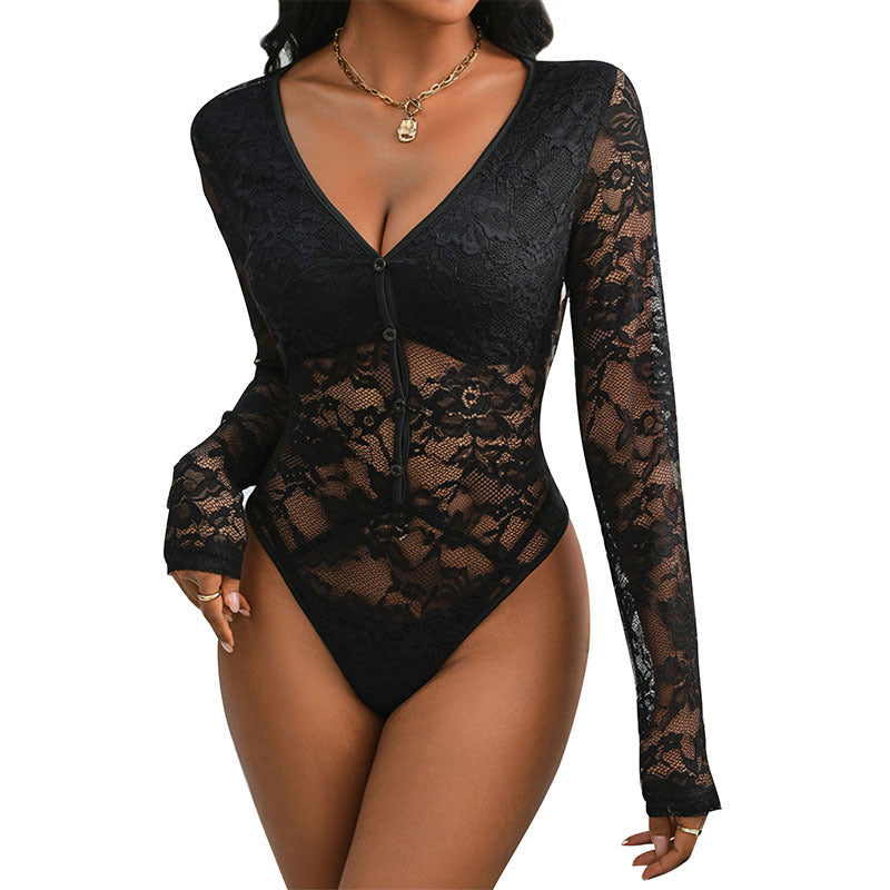 Women's figure-hugging lace bodysuit with sheer lace, V-neckline and decorative button placket Chichicherry