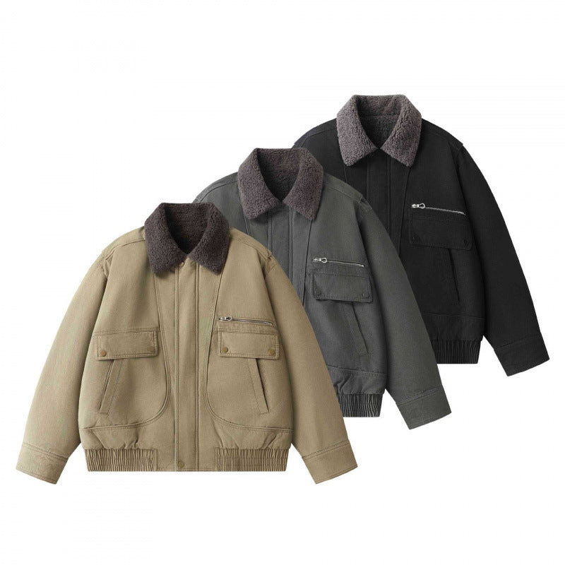 Men's short-cut canvas aviator jacket with Sherpa collar and multifunction pockets Chichicherry