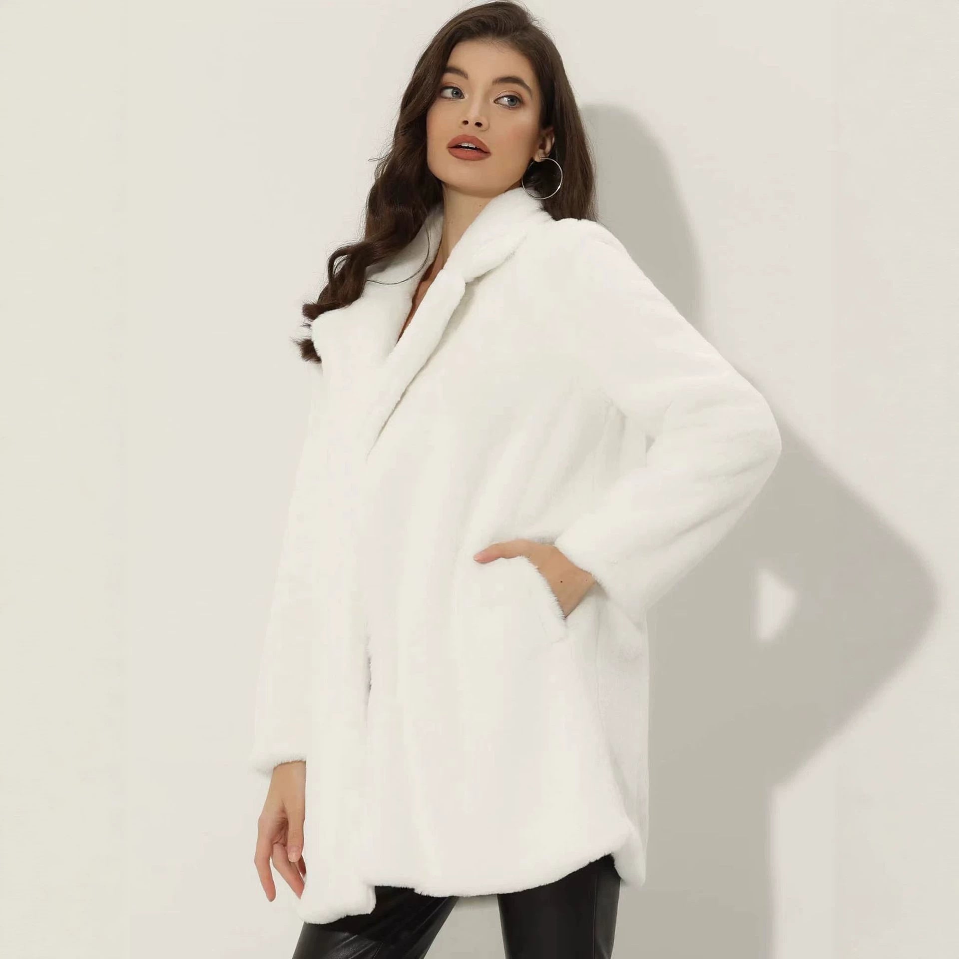 Ladies Mid-length Faux Fur Coat with Soft Shawl Collar and Pocket Chicicherry