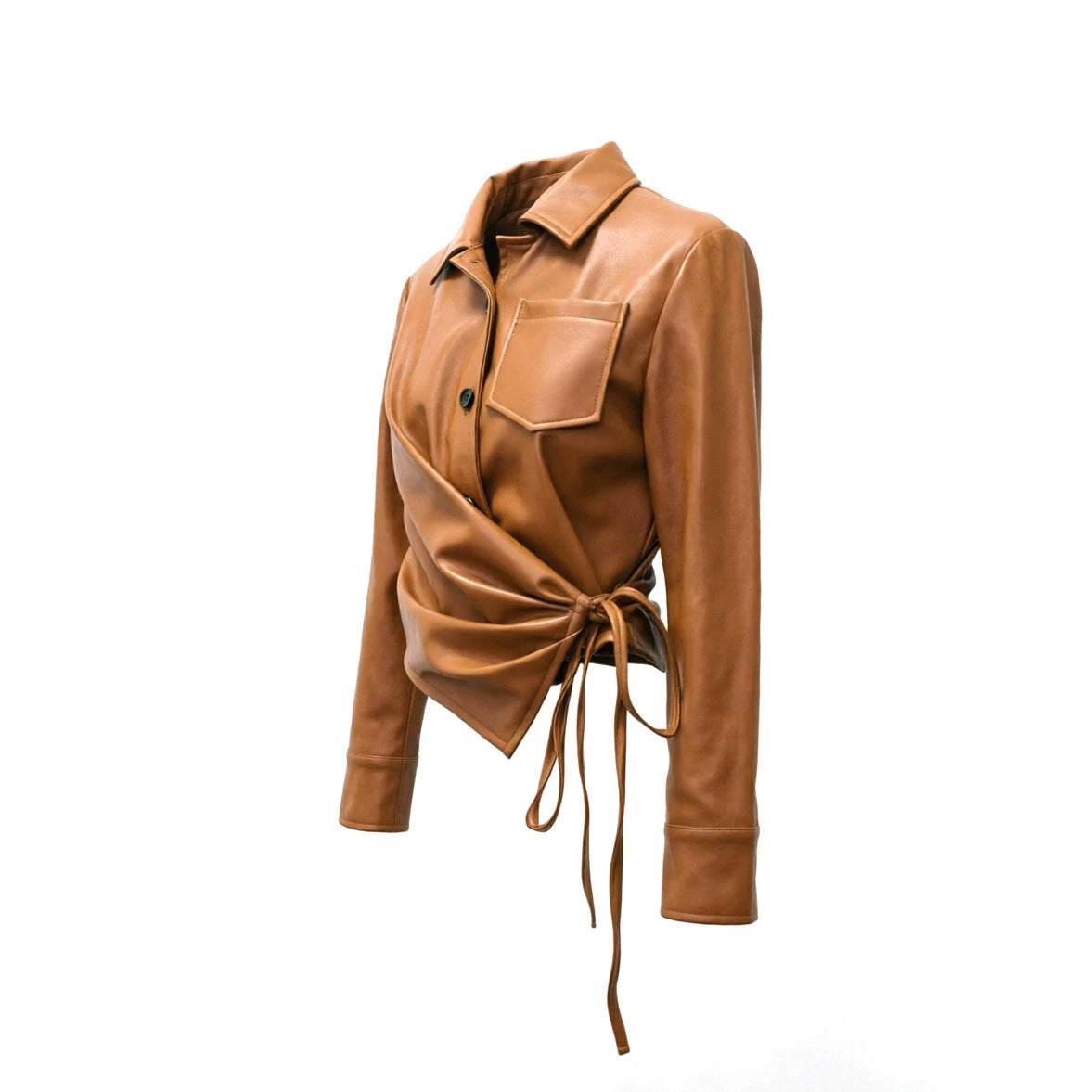 Women's Tailored Wrap Jacket in Leather Look with Tie Belt and Shirt Collar Chichicherry