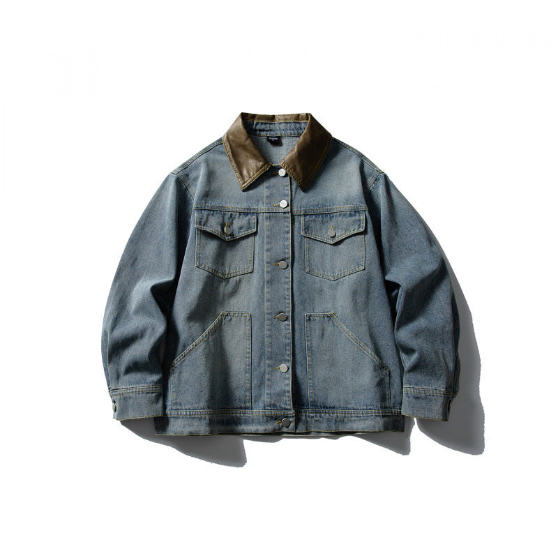 Unisex Boxy Denim Jacket with Leather Collar, Snap Button Placket and Flap Pockets Chichicherry