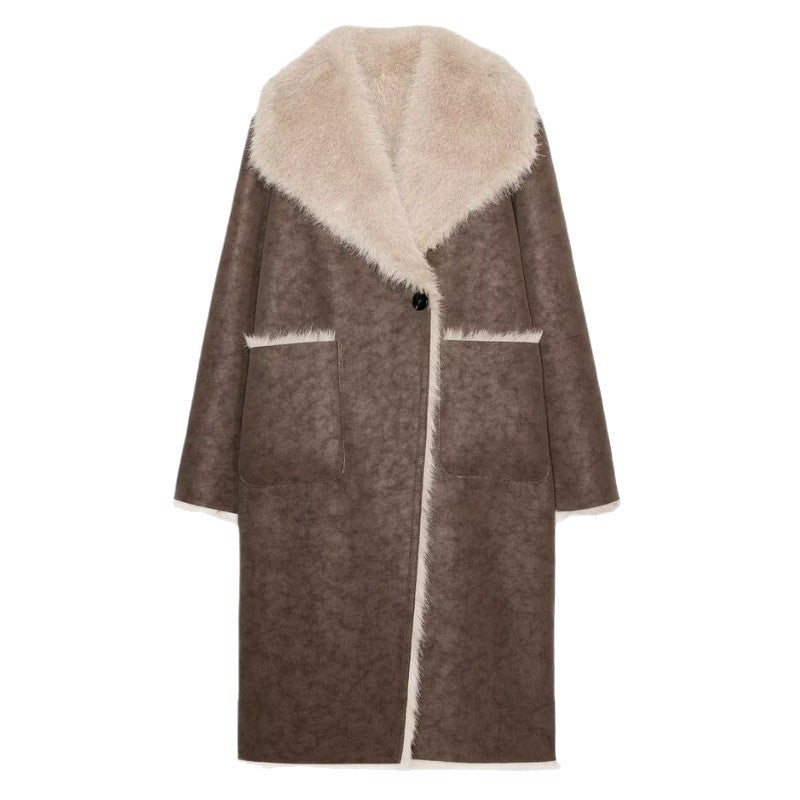 Women's Long Faux Fur Shearling Coat with Oversized Shawl Collar and Patch Pockets Chichicherry