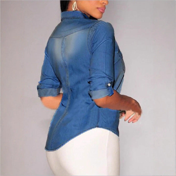 Women's tailored denim shirt blouse with chest pockets and pearl buttons Chichicherry
