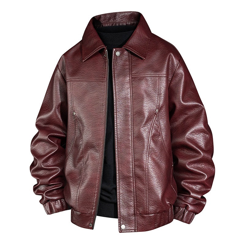 Men's faux leather bomber jacket with shirt collar, elastic waistband, and concealed zipper Chichicherry
