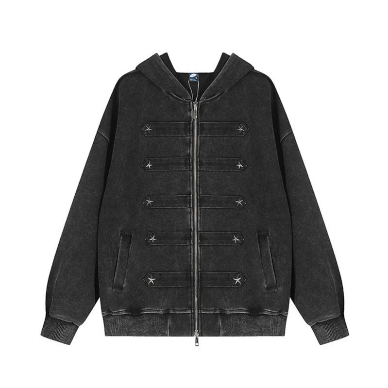 Women's hooded sweat jacket with leopard pattern, velour stripes and star studs Chichicherry
