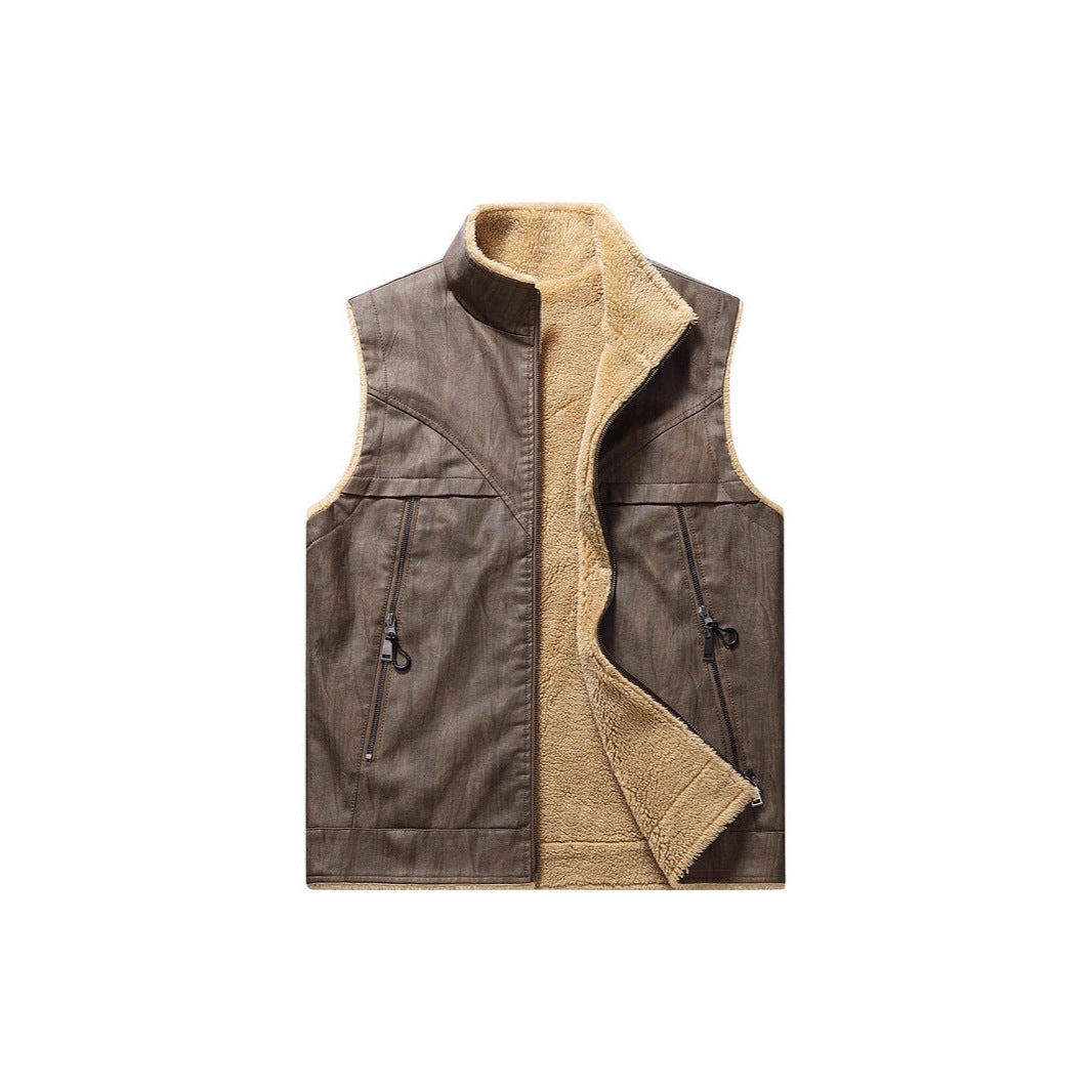Men's Sleeveless Faux Leather Teddy Vest with Stand Collar and Zipper Pockets Chichicherry