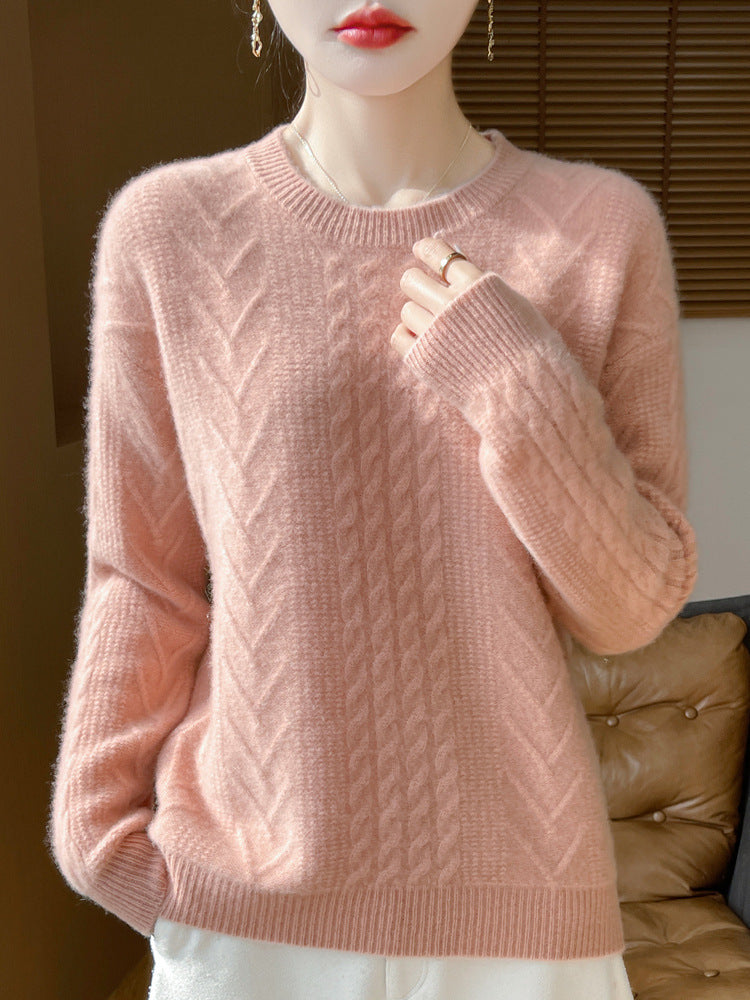 Women's Short Sweater with Cable Pattern, Round Neck and Cashmere-like Softness Chichicherry