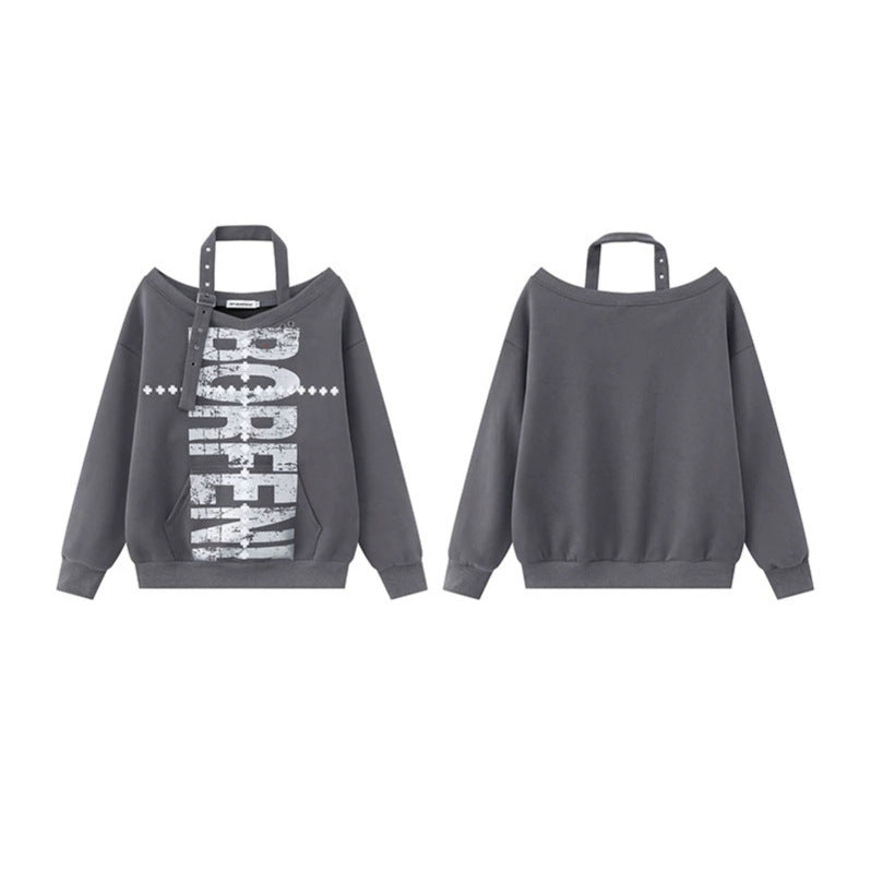 Women's cotton blend sweater with removable neck strap, kangaroo pocket and distressed logo print Chichicherry