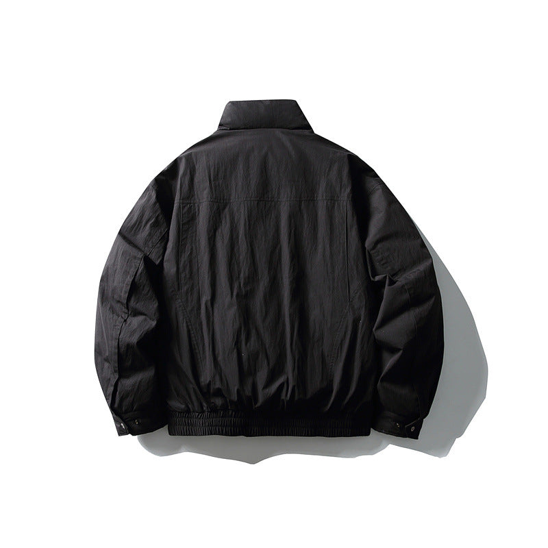 Men's Minimalistic Boxy Windbreaker Jacket with High Stand Collar and Diagonal Zipper Pockets Chichicherry