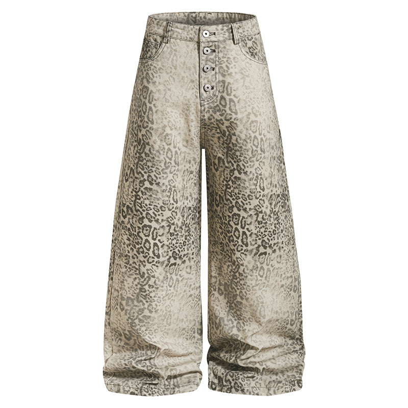 Women High-Waisted Balloon Jeans in Animal Print with Wide Culotte Cut and Button Placket Chichicherry