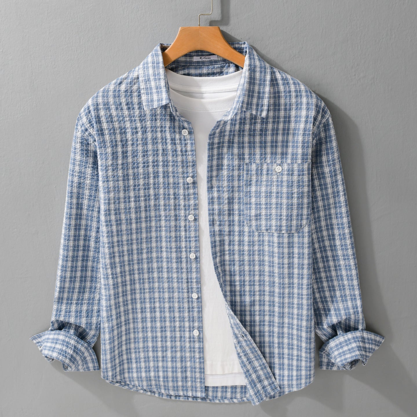 Men's Lightweight Checked Cotton Seersucker Shirt in Relaxed Fit with Chest Pocket Chichicherry