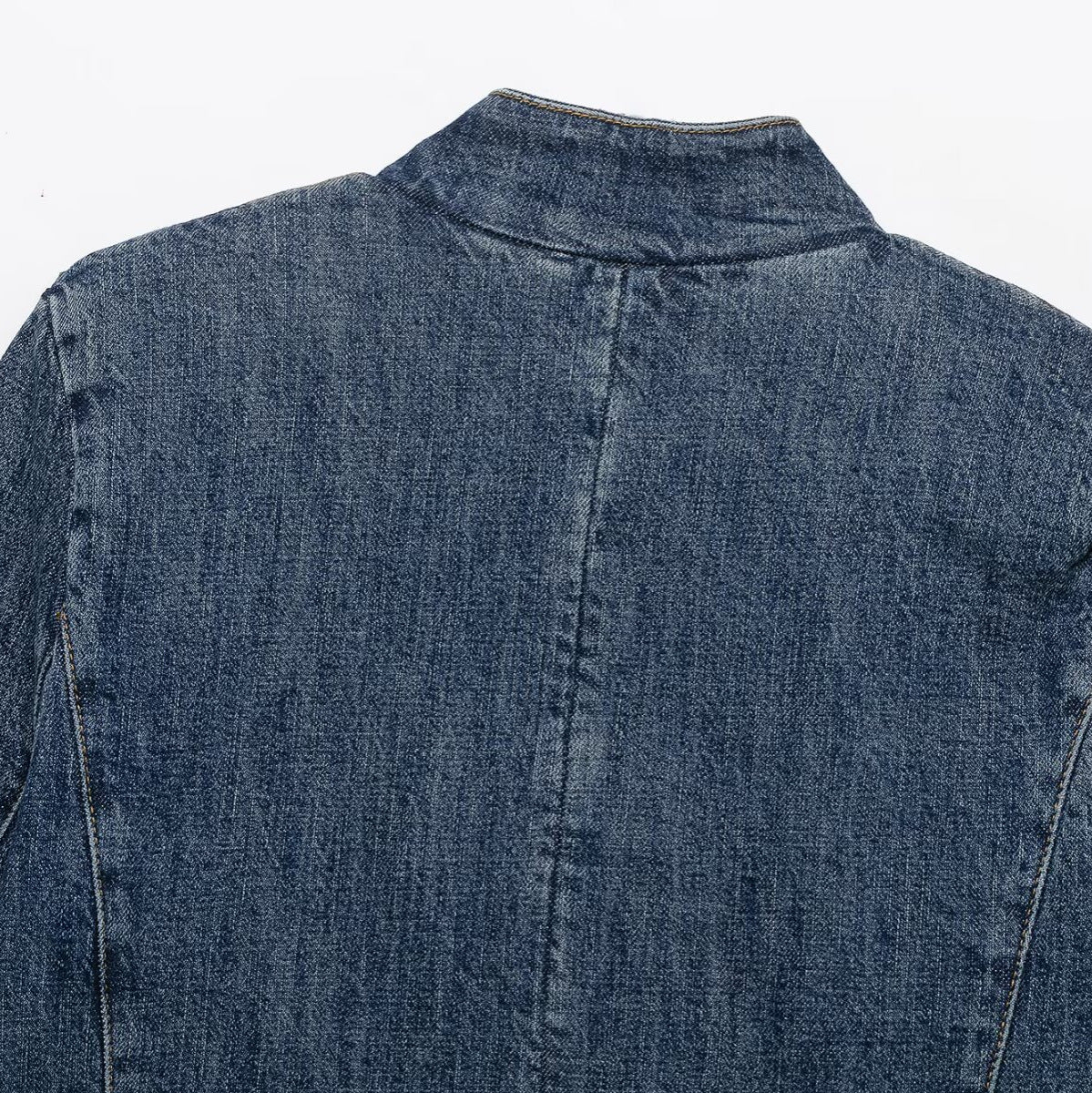 Women's Cropped Denim Jacket in Boxy Cut with Stand Collar and Concealed Button Placket Chichicherry