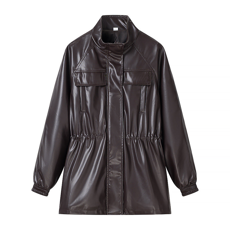 Women's faux leather parka with drawstring waist, stand-up collar, and flap pockets Chichicherry